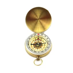 A brass compass with a decorative face and a protective lid, featuring a keyring attachment.