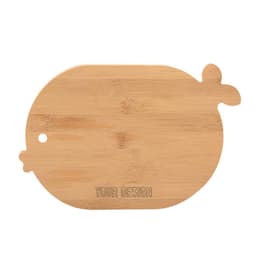A bamboo cutting board in a unique shape with a small design element and space for customisation.