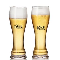 Two tall, curved wheat beer glasses filled with golden beer and topped with frothy white heads, featuring a logo.