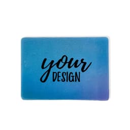 A customised 3D flip lenticular card featuring a gradient blue background with the text "your design" in bold black.