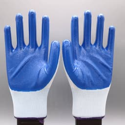 Latex coated working gloves with blue palms and white fabric wrist cuffs, featuring a logo on the design.