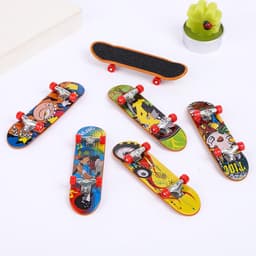 A set of six colourful mini finger skateboards with varied designs, featuring red wheels and a black grip tape.