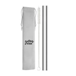 A set of reusable stainless steel straws in silver, accompanied by a cleaning brush and a storage pouch with a logo.