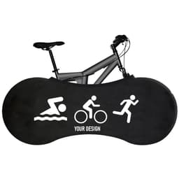 Compact waterproof bicycle wheel covers in black, featuring icons for swimming, cycling, and running, with space for custom design.