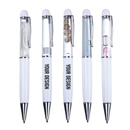 A set of five white pens with clear, movable liquid-filled sections and shiny silver accents, each featuring a branding logo.