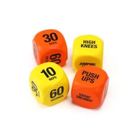 Large stress relief PU dice in bright yellow and orange, featuring exercise prompts like "High Knees" and "Push Ups."