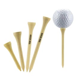 A set of biodegradable bamboo golf tees in natural colour, accompanied by a golf ball, with branding areas visible.