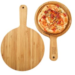 A round solid bamboo pizza tray with a smooth surface and a handle, featuring a pizza on top.