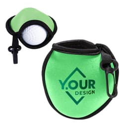 A green golf ball cleaning pouch with a zipper and a clip, designed to hold a golf ball securely inside.