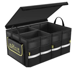 A black multi-compartment car trunk organizer with multiple sections and pockets, featuring a lid and handles.