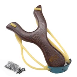 A wooden slingshot with a dark brown finish, yellow bands, and a package of metallic balls beside it.