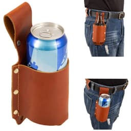 A drink bottle holder made of brown PU leather, designed to attach to a belt, featuring a can and a bottle.