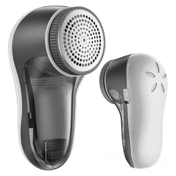 A portable lint remover in white and grey, featuring a rounded design with a mesh surface and an on/off switch.