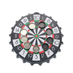A drink bottle cap dartboard featuring a black and white design with coloured sections, holding several metal bottle caps.