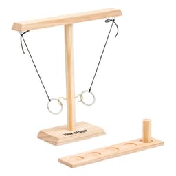 A wooden hook and ring game set featuring a tall, T-shaped stand with black strings and metal rings, plus a base with holes.