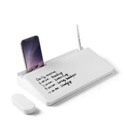 A white desktop whiteboard organiser featuring a holder for a phone and space for writing with a whiteboard marker.