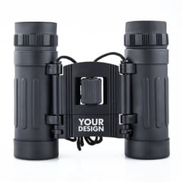 A pair of black binoculars with a central clasp and a space for custom branding.