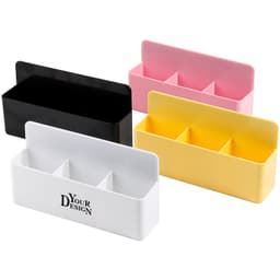 A collection of four magnetic plastic fridge magnet organisers in black, white, pink, and yellow, each with multiple compartments.