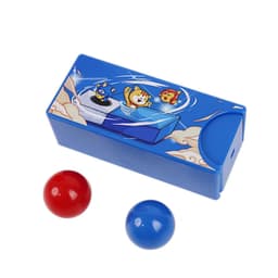 A blue magic box featuring playful characters, with red and blue balls included. It has a logo on one side.