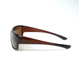 Anti-glare plastic sport sunglasses in brown and black with a sleek design and a logo on the side.