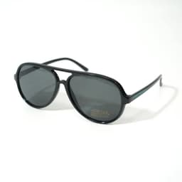 Oversized black aviator sunglasses with grey lenses and a branding logo on the side.