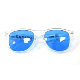 Polarized transparent sunglasses with a clear frame and blue lenses, featuring a logo on the inner arm.