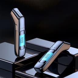 A sleek silver alcohol breath tester with a digital display, featuring an ergonomic design and LED indicators.