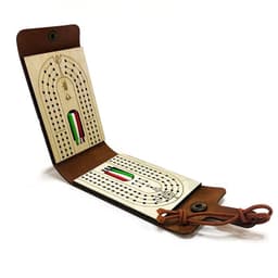 A leather travel cribbage board with a light-coloured wooden playing surface, featuring a decorative design and a brown leather cover.