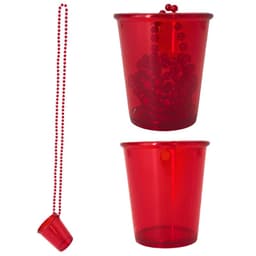 A red shot glass accompanied by a red bead necklace, featuring a transparent design showcasing its contents.
