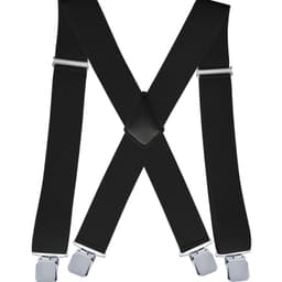 A pair of black adjustable elastic suspenders with silver clips, featuring an X-back design and a logo.