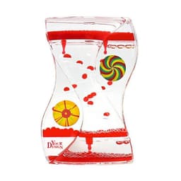 A liquid motion bubbler timer with red balls and colourful swirl designs, encased in a clear plastic body.