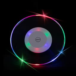 A translucent round LED coaster with multicoloured lights around the edge and a central white button.