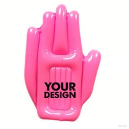 A bright pink inflatable cheering hand with a branding area, suitable for novelty items and fun events.