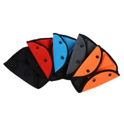 A set of car seat belt adjusters in varying colours: black, red, blue, grey, and orange, featuring snap buttons.