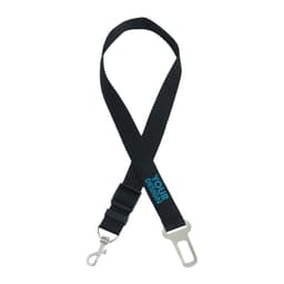A retractable pet car seat belt in black with a silver clip, featuring space for custom design.