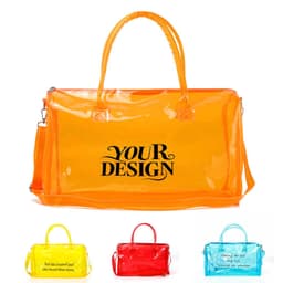 Custom clear duffle bags in orange, yellow, red, and blue, featuring one with a logo and the option for personal design.
