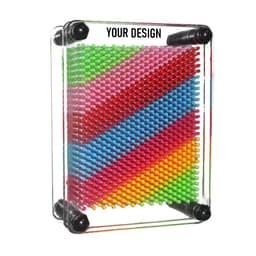 A 3D pin art toy featuring vibrant pink, green, and blue pins arranged in a geometric pattern within a clear frame.