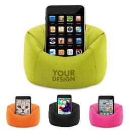 A green bean bag phone holder with a smartphone, alongside orange, black, and pink versions. Features a logo.
