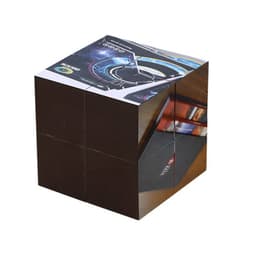 A fold-out magic cube in black, featuring various colourful graphic designs on its faces.
