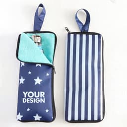 A folding umbrella pouch in navy blue with star patterns and a striped design, featuring a zipped opening and a soft inner lining.