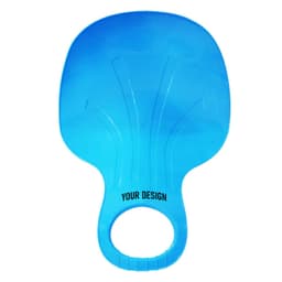 A blue plastic snow sled featuring a handle and a space for custom designs.