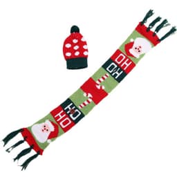 A drink bottle is dressed in a red and green knitted hat and scarf featuring Santa and candy cane designs.