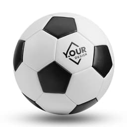 A custom soccer ball featuring a classic black and white design with a logo on its surface.