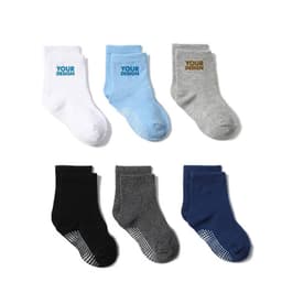 A set of promotional non-slip baby socks in white, blue, grey, black, dark grey, and navy, featuring a logo.