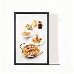 A black front loading aluminum snap poster frame with a seafood dish and drinks displayed inside.