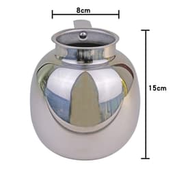 A drink bottle in a sleek, polished stainless steel finish, featuring a handle and measuring 15cm in height and 8cm in diameter.