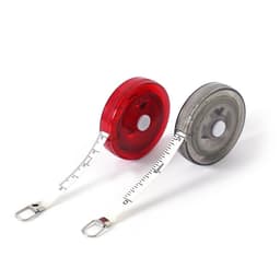 Translucent plastic round tape measures in red and grey, featuring white measuring tape and a metal clip.