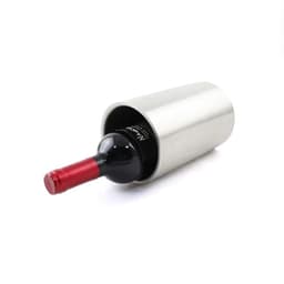 A stainless steel wine cooler in silver, containing a bottle of red wine with a red foil cap. The product features a logo.