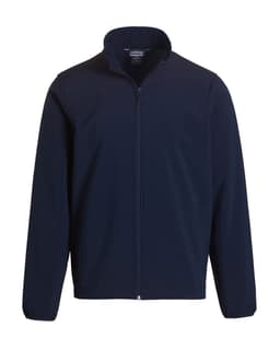 A soft shell jacket in navy blue with a zip front and a stand-up collar. Features a logo on the chest.
