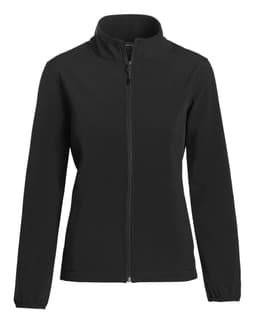 A soft shell jacket in black, featuring a zip front and a high collar. It includes a logo on the front.